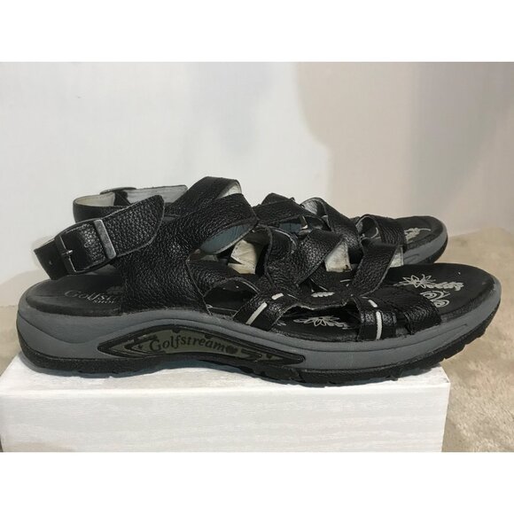 Golfstream Womens  Black Leather Strappy Sandals Size 9M With Floral Sole Design - Picture 3 of 14